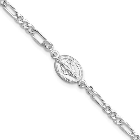 925 Sterling Silver Rhodium-plated Miraculous Medal with 1"" ext. Figaro Chain Bracelet for Women 8.25"", White, AFJ-QG-QG6560-7.25-MP in Saudi Arabia