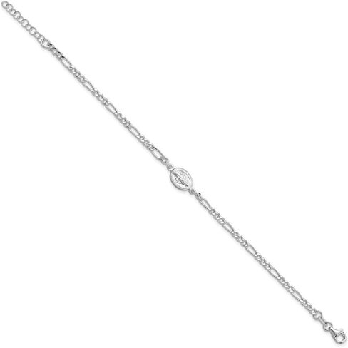 925 Sterling Silver Rhodium-plated Miraculous Medal with 1"" ext. Figaro Chain Bracelet for Women 8.25"", White, AFJ-QG-QG6560-7.25-MP in Saudi Arabia