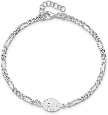 925 Sterling Silver Rhodium-plated Miraculous Medal with 1"" ext. Figaro Chain Bracelet for Women 8.25"", White, AFJ-QG-QG6560-7.25-MP in Saudi Arabia
