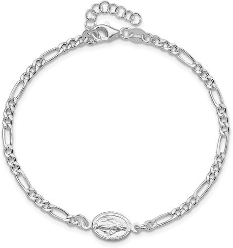 925 Sterling Silver Rhodium-plated Miraculous Medal with 1"" ext. Figaro Chain Bracelet for Women 8.25"", White, AFJ-QG-QG6560-7.25-MP in Saudi Arabia