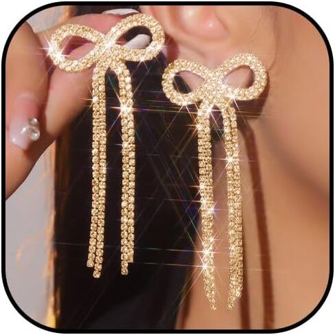 Silver Bow Earrings for Women Dangling Sparkly Rhinestone Long Tassel Chandelier Earrings Wedding Bridal Jewelry Prom Homecoming Dresses 2025 Stocking Stuffers in Saudi Arabia