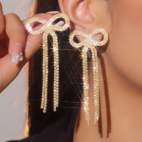 Silver Bow Earrings for Women Dangling Sparkly Rhinestone Long Tassel Chandelier Earrings Wedding Bridal Jewelry Prom Homecoming Dresses 2025 Stocking Stuffers in Saudi Arabia