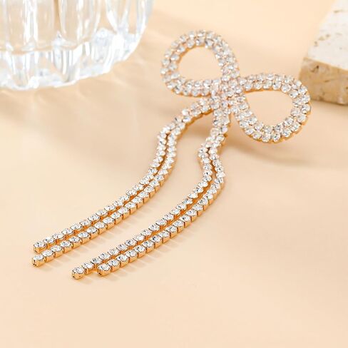 Silver Bow Earrings for Women Dangling Sparkly Rhinestone Long Tassel Chandelier Earrings Wedding Bridal Jewelry Prom Homecoming Dresses 2025 Stocking Stuffers in Saudi Arabia