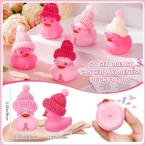 Deekin 30 Sets Pink Ribbon Rubber Duck Breast Cancer Gifts Mini Rubber Ducks with Glasses and Hats with Card Organza Bags Bulk for Breast Cancer Awareness Month Bulk Party Favors in Saudi Arabia