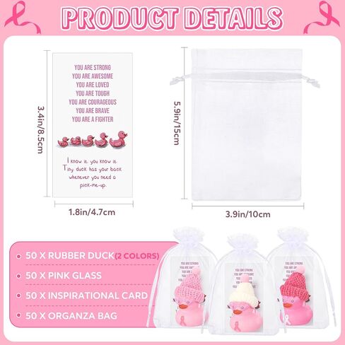 Deekin 30 Sets Pink Ribbon Rubber Duck Breast Cancer Gifts Mini Rubber Ducks with Glasses and Hats with Card Organza Bags Bulk for Breast Cancer Awareness Month Bulk Party Favors in Saudi Arabia