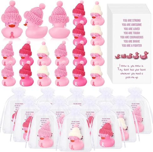 Deekin 30 Sets Pink Ribbon Rubber Duck Breast Cancer Gifts Mini Rubber Ducks with Glasses and Hats with Card Organza Bags Bulk for Breast Cancer Awareness Month Bulk Party Favors in Saudi Arabia