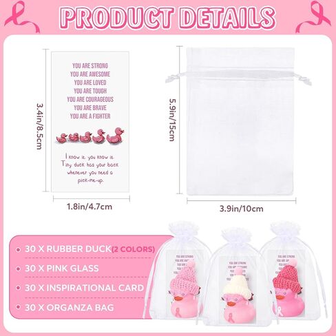 Deekin 30 Sets Pink Ribbon Rubber Duck Breast Cancer Gifts Mini Rubber Ducks with Glasses and Hats with Card Organza Bags Bulk for Breast Cancer Awareness Month Bulk Party Favors in Saudi Arabia