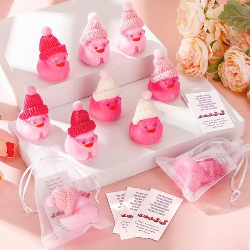 Deekin 30 Sets Pink Ribbon Rubber Duck Breast Cancer Gifts Mini Rubber Ducks with Glasses and Hats with Card Organza Bags Bulk for Breast Cancer Awareness Month Bulk Party Favors in Saudi Arabia