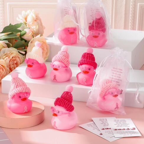 Deekin 30 Sets Pink Ribbon Rubber Duck Breast Cancer Gifts Mini Rubber Ducks with Glasses and Hats with Card Organza Bags Bulk for Breast Cancer Awareness Month Bulk Party Favors in Saudi Arabia