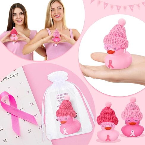 Deekin 30 Sets Pink Ribbon Rubber Duck Breast Cancer Gifts Mini Rubber Ducks with Glasses and Hats with Card Organza Bags Bulk for Breast Cancer Awareness Month Bulk Party Favors in Saudi Arabia