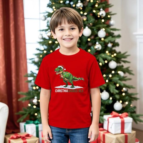 قمصان عيد الميلاد للأطفال تتميز بديناصور شجرة عيد الميلاد اللطيف - تي شيرتات قطنية كلاسيكية ذات رقبة مستديرة للأعمار من 2 إلى 7 سنوات in Kuwait
