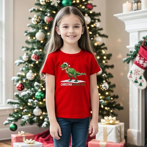 قمصان عيد الميلاد للأطفال تتميز بديناصور شجرة عيد الميلاد اللطيف - تي شيرتات قطنية كلاسيكية ذات رقبة مستديرة للأعمار من 2 إلى 7 سنوات in Kuwait
