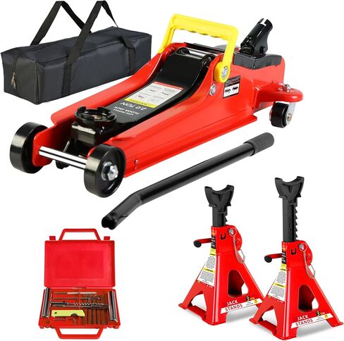 5 Piece Car Jack and Stand Kit, 2 Ton(4400lb) Low Profile Hydraulic Trolley Service Floor Jack Combo with 2 Jack Stands & Tire Repair Kit for Garages,Repair Shops,Lifting Range 3.3" - 15.2",Red in Saudi Arabia