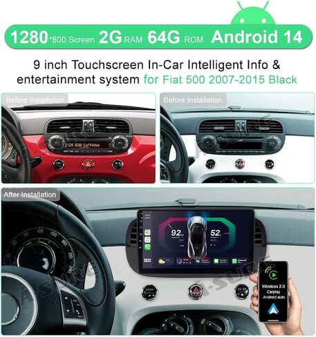 ترقية راديو ستيريو للسيارة مقاس 9 بوصة من ASURE لسيارة Fiat 500 500C 2007-2015 باللون الأبيض، 8 النواة 4G+64G نظام أندرويد للسيارة وحدة ملاحة GPS مع Carplay Android Auto، مشغل وسائط متعددة بشاشة لمس 1280 × 800 in Kuwait