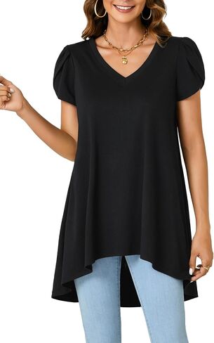 LYANER Women's V Neck High Low Hem Short Sleeve Flowy Blouse Tunic T-Shirt Top in Kuwait