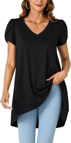 LYANER Women's V Neck High Low Hem Short Sleeve Flowy Blouse Tunic T-Shirt Top in Kuwait