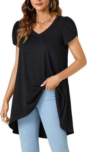 LYANER Women's V Neck High Low Hem Short Sleeve Flowy Blouse Tunic T-Shirt Top in Kuwait