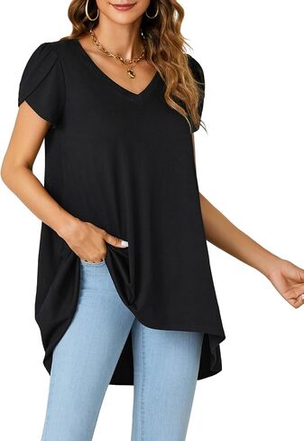 LYANER Women's V Neck High Low Hem Short Sleeve Flowy Blouse Tunic T-Shirt Top in Kuwait