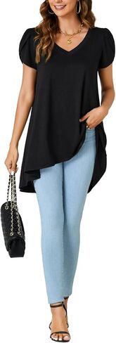 LYANER Women's V Neck High Low Hem Short Sleeve Flowy Blouse Tunic T-Shirt Top in Kuwait