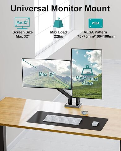 Dual Monitor Desk Mount - Adjustable Monitor Arm for 2 Monitors up to 32 inches/19.8 lbs, Double Monitor Desk Stand VESA Bracket with C-Clamp & Grommet Mounting, Swivel Computer Screen Mount, Freelift in Kuwait