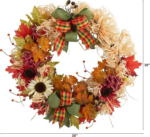 Nearly Natural 30in. Harvest Autumn Sunflower, Maple Leaves and Berries Artificial Fall Wreath with Decorative Bows in Saudi Arabia