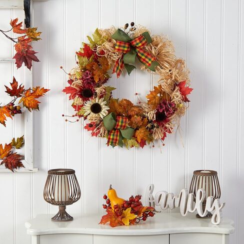Nearly Natural 30in. Harvest Autumn Sunflower, Maple Leaves and Berries Artificial Fall Wreath with Decorative Bows in Saudi Arabia