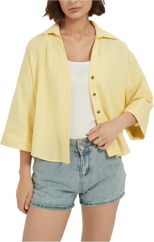 GORGLITTER Women's 3/4 Sleeve Button Down Shirts Collar Button Up Dressy Blouse Tops in Saudi Arabia