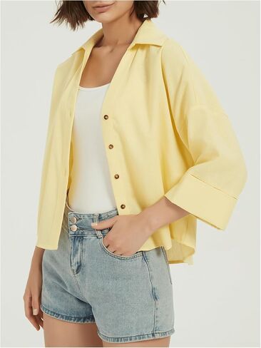 GORGLITTER Women's 3/4 Sleeve Button Down Shirts Collar Button Up Dressy Blouse Tops in Saudi Arabia