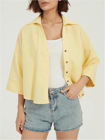 GORGLITTER Women's 3/4 Sleeve Button Down Shirts Collar Button Up Dressy Blouse Tops in Saudi Arabia
