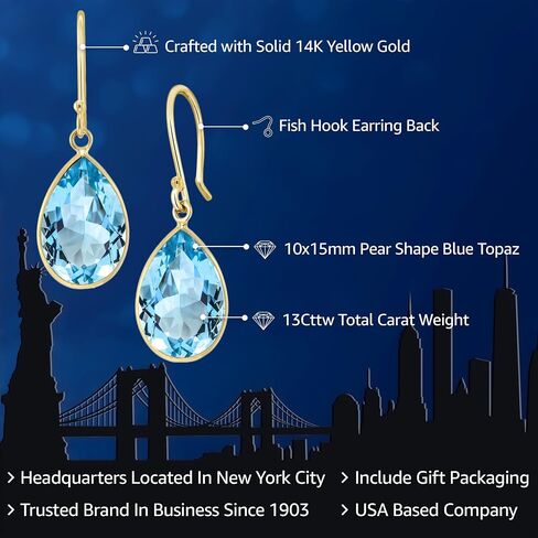 Gem Stone King 14K Yellow Gold Blue Topaz Teardrop Earrings For Women | 13.00 Cttw | Gemstone Birthstone | Pear Shape 10X15MM in Saudi Arabia