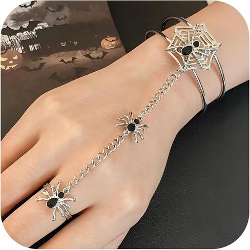 Nojess Goth Black Spider Hand Chain Bracelets for Women Punk Finger Ring Bracelet Slave Chain Hand Bracelet Spider Ring Bracelets Halloween Costumes Cosplay Accessories in Saudi Arabia