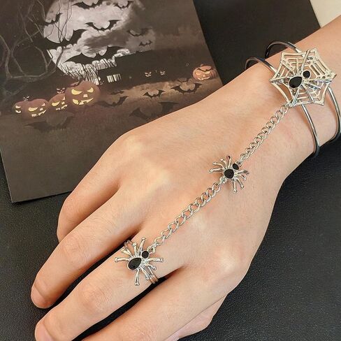 Nojess Goth Black Spider Hand Chain Bracelets for Women Punk Finger Ring Bracelet Slave Chain Hand Bracelet Spider Ring Bracelets Halloween Costumes Cosplay Accessories in Saudi Arabia