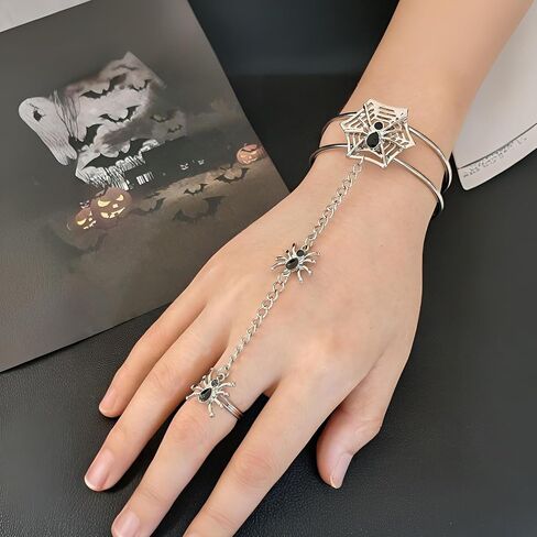 Nojess Goth Black Spider Hand Chain Bracelets for Women Punk Finger Ring Bracelet Slave Chain Hand Bracelet Spider Ring Bracelets Halloween Costumes Cosplay Accessories in Saudi Arabia