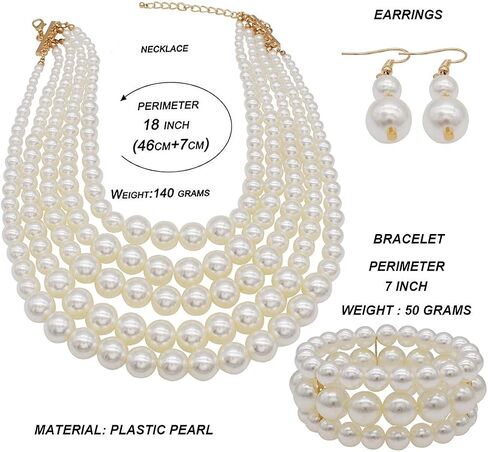 Big Faux Pearl Necklace for Women Large Pearls Choker Necklaces Chunky Pearl Necklace and Earrings Set 1920s Costume Pearl Jewelry in Kuwait