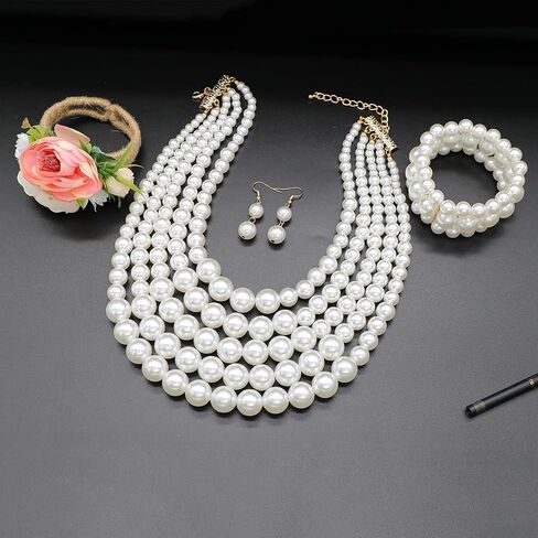 Big Faux Pearl Necklace for Women Large Pearls Choker Necklaces Chunky Pearl Necklace and Earrings Set 1920s Costume Pearl Jewelry in Kuwait