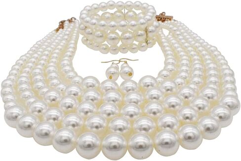 Big Faux Pearl Necklace for Women Large Pearls Choker Necklaces Chunky Pearl Necklace and Earrings Set 1920s Costume Pearl Jewelry in Kuwait