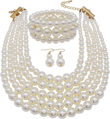 Big Faux Pearl Necklace for Women Large Pearls Choker Necklaces Chunky Pearl Necklace and Earrings Set 1920s Costume Pearl Jewelry in Kuwait