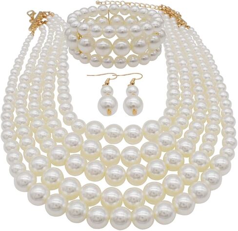 Big Faux Pearl Necklace for Women Large Pearls Choker Necklaces Chunky Pearl Necklace and Earrings Set 1920s Costume Pearl Jewelry in Kuwait