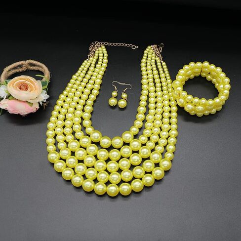Big Faux Pearl Necklace for Women Large Pearls Choker Necklaces Chunky Pearl Necklace and Earrings Set 1920s Costume Pearl Jewelry in Kuwait