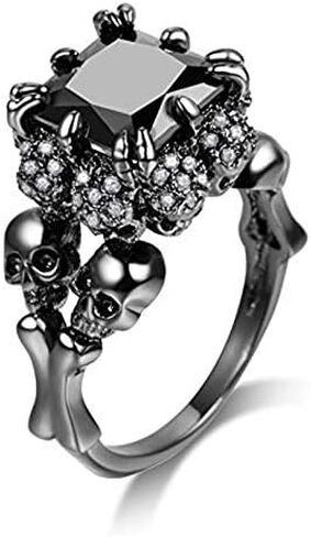 Black Boho Style Antique Gothic Skull Ring Oxidized Finished Round Cut Created Black Spinel CZ Cubic Zirconia Filled Engagement Promise Wedding Women's Band for Mom Lover, 10, Copper, in Saudi Arabia