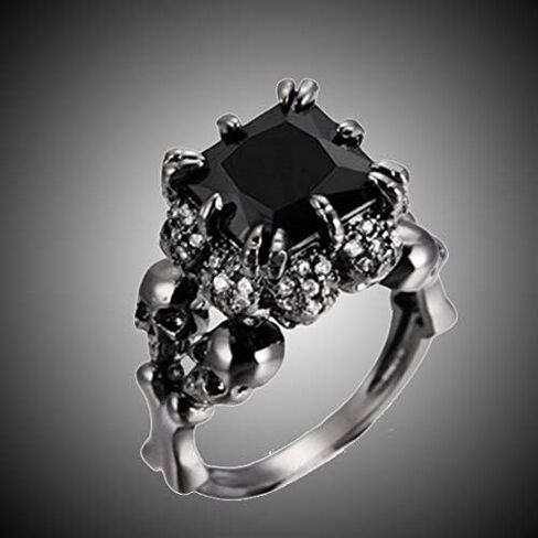 Black Boho Style Antique Gothic Skull Ring Oxidized Finished Round Cut Created Black Spinel CZ Cubic Zirconia Filled Engagement Promise Wedding Women's Band for Mom Lover, 10, Copper, in Saudi Arabia