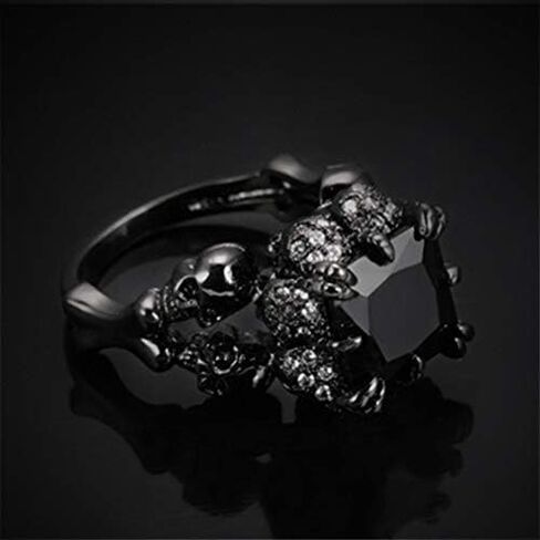 Black Boho Style Antique Gothic Skull Ring Oxidized Finished Round Cut Created Black Spinel CZ Cubic Zirconia Filled Engagement Promise Wedding Women's Band for Mom Lover, 10, Copper, in Saudi Arabia