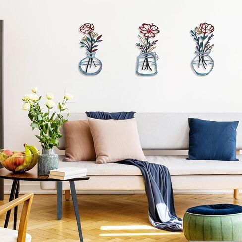 ANNILART 3 Piece Metal Wall Decor Art Modern Minimalist Trendy Nature Flower Wall Decor for Rustic Farmhouse Living Room Kitchen Bathroom Bedroom Dining Room Wall Hanging Wrought Iron Black in Saudi Arabia
