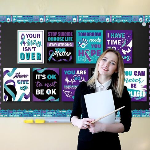 9 أجهزة كمبيوتر مثقفة للصحة العقلية ملصقات التوعية للفصول الدراسية 11 × 13 بوصة ملصقات ألواح النشرة الأخضر الشريط الأخضر لعلم النفس العلمي نشرة دخلة مجلس الإدارة الجدار in Kuwait