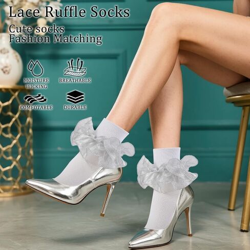 Women Big Ruffle Socks Adult Double Lace Turn Cuff Fluffy Frilly Ankle Dress Socks Cute Bobby Sock for Big Girls in Saudi Arabia