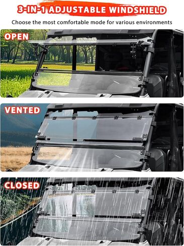 زجاج أمامي قابل للطي لملحقات Polaris Ranger XP 1000/ Crew/ Diesel/ XP 900 2017-2025، شفاف 1/5 بوصة مطلي بالصلب ومقابض مزدوجة من البولي كربونات، زجاج أمامي قلاب، مغلق/فتحات تهوية/مفتوح in Saudi Arabia