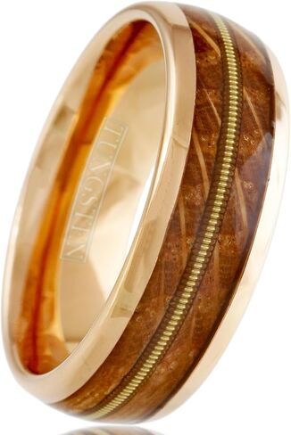 King's Cross Personalized Engraved 8mm Rose Gold Tungsten Carbide Low Dome Band Ring with Genuine Guitar String Between Whiskey Barrel Oak Wood Inlays. in Saudi Arabia