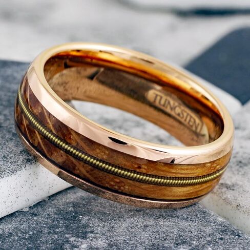 King's Cross Personalized Engraved 8mm Rose Gold Tungsten Carbide Low Dome Band Ring with Genuine Guitar String Between Whiskey Barrel Oak Wood Inlays. in Saudi Arabia