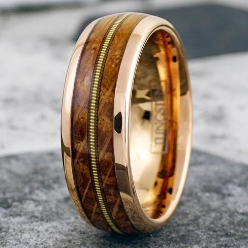 King's Cross Personalized Engraved 8mm Rose Gold Tungsten Carbide Low Dome Band Ring with Genuine Guitar String Between Whiskey Barrel Oak Wood Inlays. in Saudi Arabia