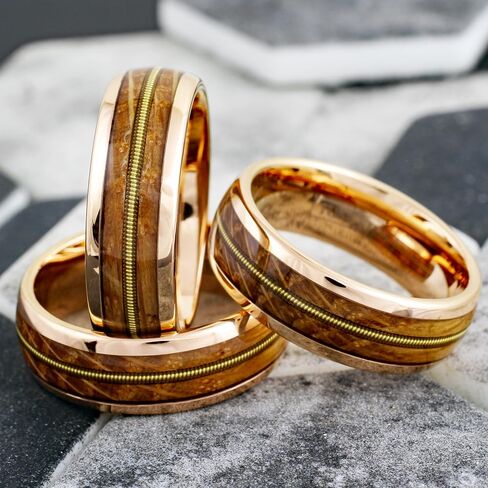 King's Cross Personalized Engraved 8mm Rose Gold Tungsten Carbide Low Dome Band Ring with Genuine Guitar String Between Whiskey Barrel Oak Wood Inlays. in Saudi Arabia